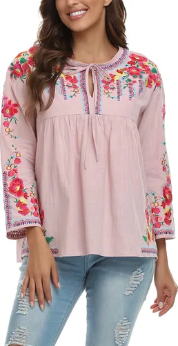 Vista 8 de YZXDORWJ Camisa bordada mexicana para mujer