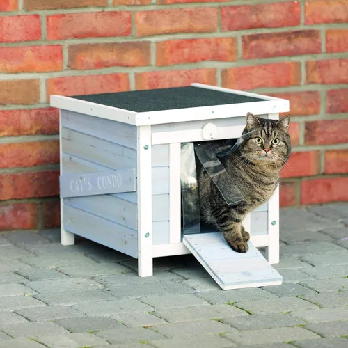Vista 2 de TRIXIE Casa pequeña para gatos al aire libre, resistente a la intemperie, con suelo elevado, techo de asfalto con bisagras y apertura cubierta