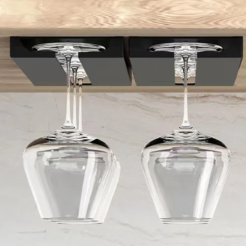 Vista 2 de Soporte para copas de vino, paquete de 2 soportes para copas de vino debajo del gabinete (negro) No-drilling Wine Glass Rack, Quick to Install