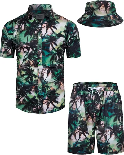 Vista 101 de TUNEVUSE Conjunto de camisas y pantalones cortos hawaianos para hombre, 2 piezas, trajes de playa con estampado de flores, traje tropical de verano