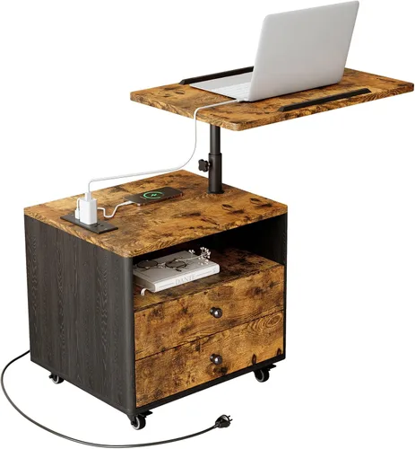Vista 12 de Mesa auxiliar estrecha con estación de carga y ruedas, mesa auxiliar de sofá estrecha móvil con puertos USB y salidas para espacio pequeño, sala