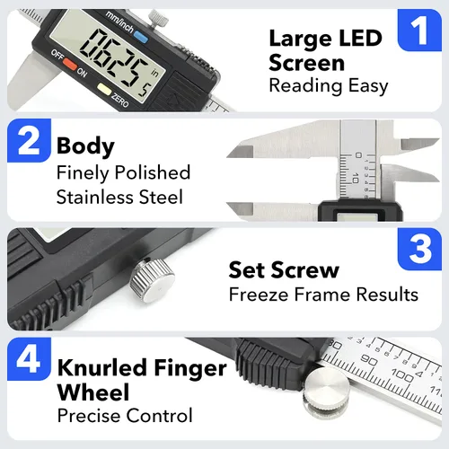 Vista 4 de Calibrador digital de medición precisa, Vizbrite calibrador electrónico de acero inoxidable de 6 pulgadas con nonio y pantalla LCD grande