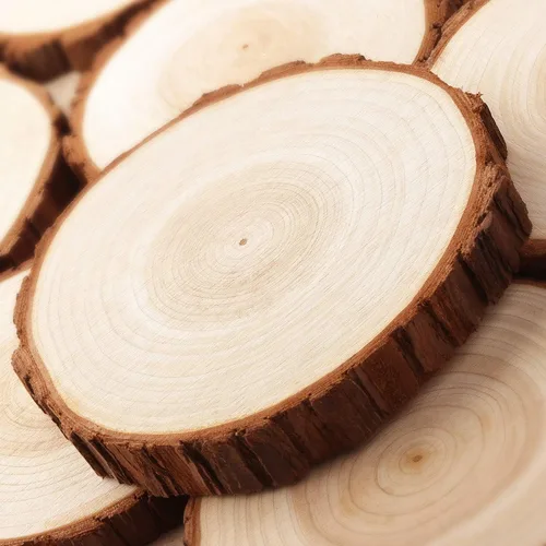 Vista 2 de Fuyit Rebanadas de madera sin terminar para centros de mesa, 10 discos redondos de madera natural de 4.7 a 5.1 pulgadas con corteza