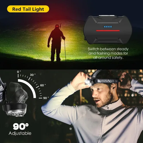 Vista 4 de MIOISY Linterna frontal recargable, lámpara de cabeza ultra brillante de 5 LED con luz roja y blanca, linterna impermeable IPX4, linterna de cabeza