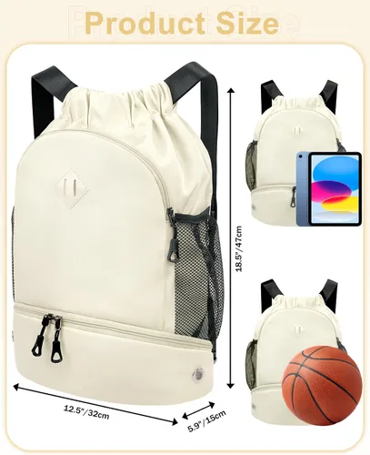 Vista 5 de Mochila de gimnasio con cordón y compartimento para zapatos para hombres y mujeres, bolsa deportiva con bolsillo para ropa húmeda, Beige, Mediana