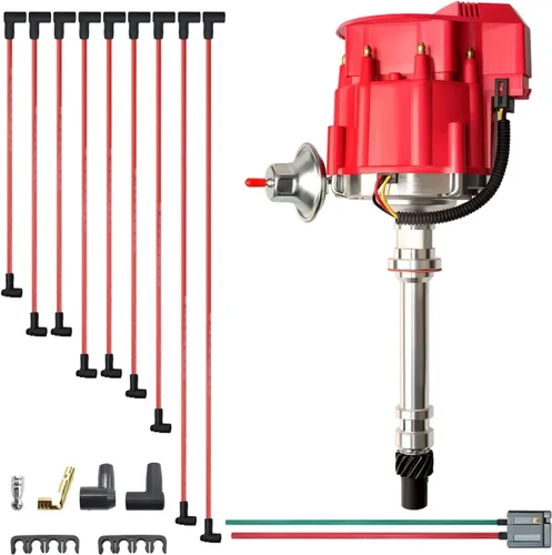 Vista 3 de MAS Racing HEI Distribuidor y cables de bujía y mazo de cables de coleta gratis, kit combinado de tapa roja de repuesto para Chevy 283 302 307 327