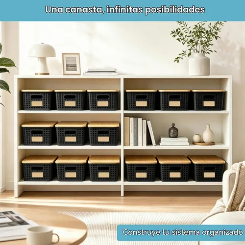 Vista 6 de Contenedores pequeños de plástico con tapas de bambú de 5.2 cuartos de galón, cesta apilable para despensa, contenedores decorativos lindos