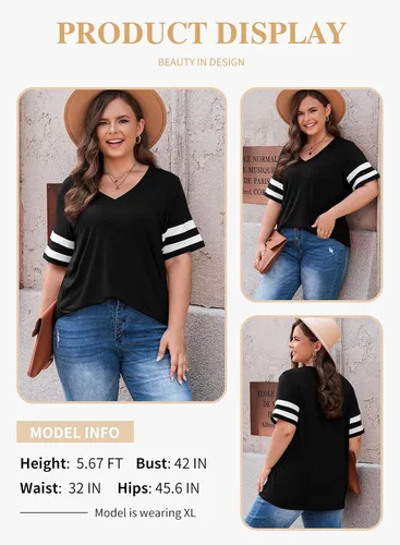 Vista 61 de Eytino Blusas de talla grande para mujer, cuello en V, manga corta, a rayas, casual, holgada, con bolsillo (1X-5X)