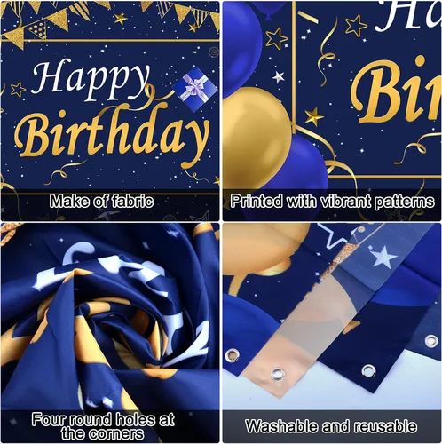 Vista 6 de Decoraciones de cumpleaños azules y doradas para hombres y mujeres, decoraciones de feliz cumpleaños para niños y niñas, decoración de fiesta, telón