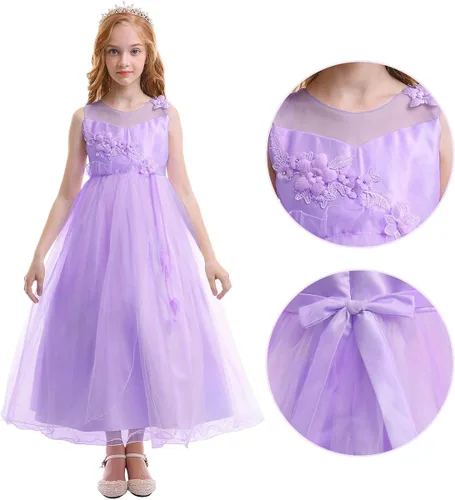 Vista 6 de Vestido maxi de tul para niñas con tutú y flores de encaje, largo hasta el piso, para boda, dama de honor, fiestas