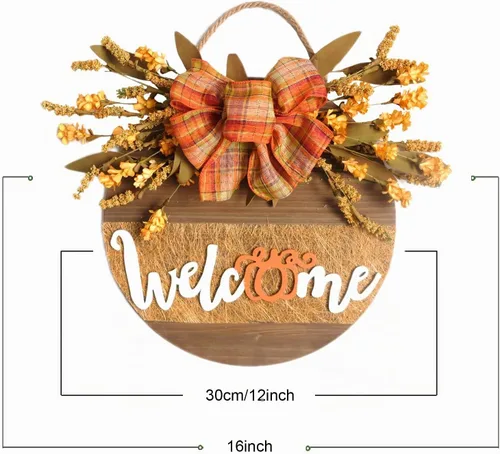 Vista 3 de Letrero de bienvenida para decoración de puerta delantera, coronas de otoño, decoraciones de otoño para el hogar, corona de granja para puerta