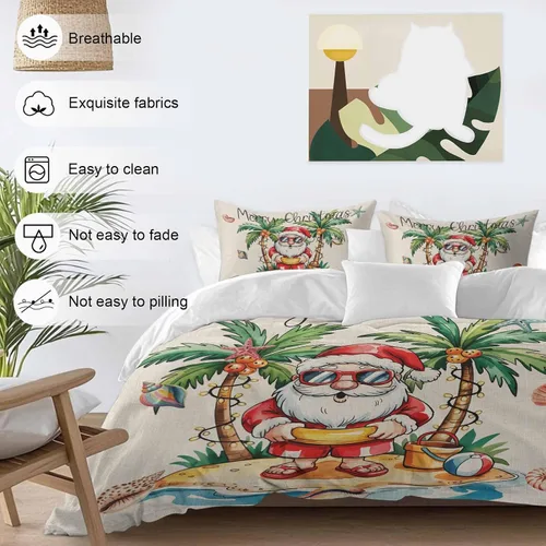 Vista 3 de Juego de funda de edredón de Papá Noel de Navidad, tamaño individual, edredón de microfibra suave, edredón de cama con estampado + funda con sábana