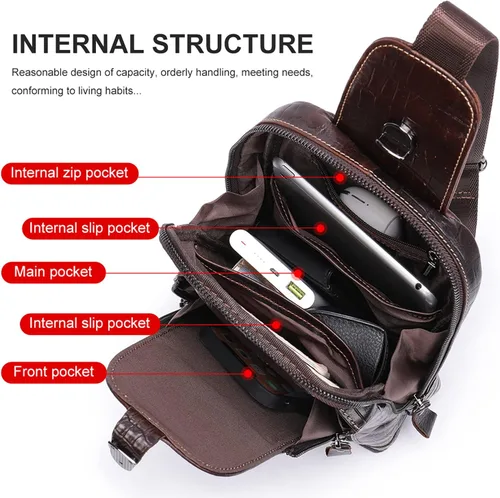 Vista 4 de QAZWSXE Bolso cruzado de cuero para hombre, bolso bandolera de hombro, bolsas casuales para el pecho, para viajes, senderismo, mochilas, 11 - café