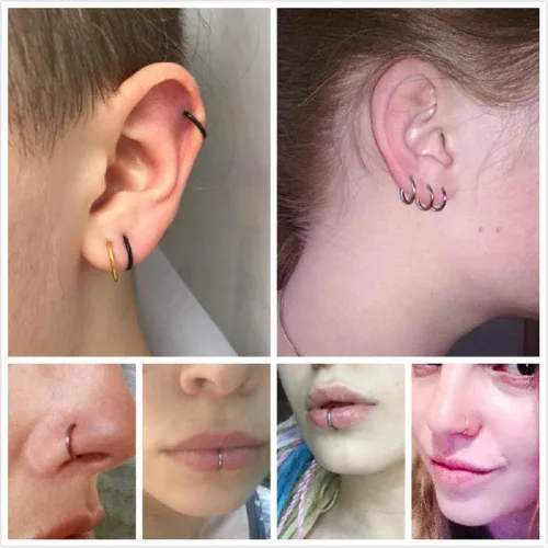 Vista 3 de Juego de 8 aretes de aro de acero inoxidable quirúrgico para dormir cartílago Daith pequeños aretes de aro pequeños de plata para septum