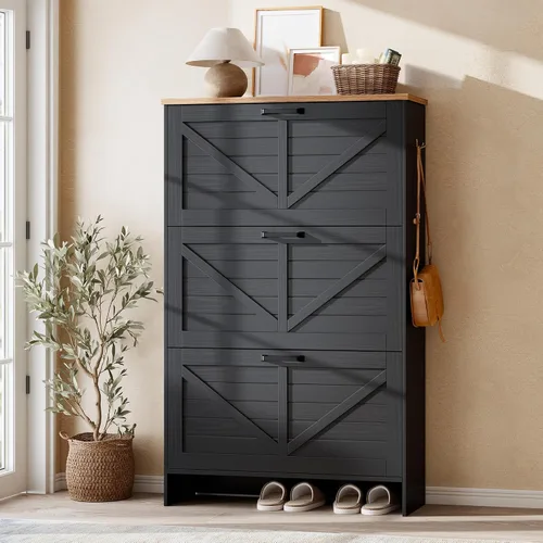 Vista 9 de Nicetree Arch-Chic - Armario de zapatos para entrada, moderno gabinete de almacenamiento de zapatos de mediados de siglo con estriado y estrecho