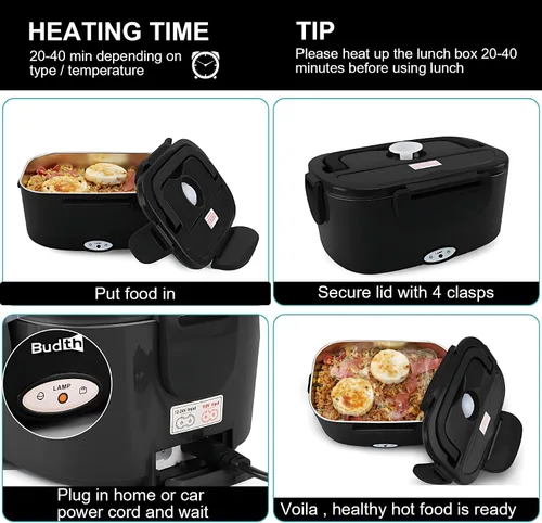 Vista 4 de Lonchera eléctrica, calentador de alimentos portátil para automóvil, camión, oficina, adaptador de 12 V, 24 V, 110 V, a prueba de fugas, recipiente