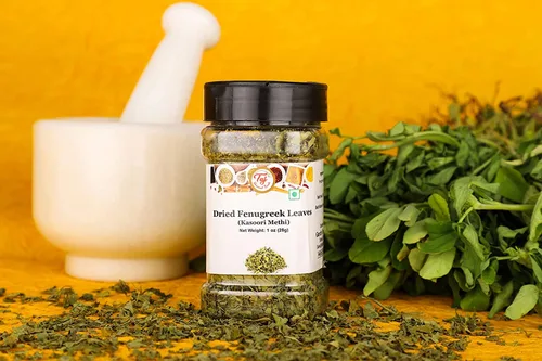 Vista 2 de TAJ Kasoori Methi Hojas de fenogreco secas Producto de India 1oz (28g)