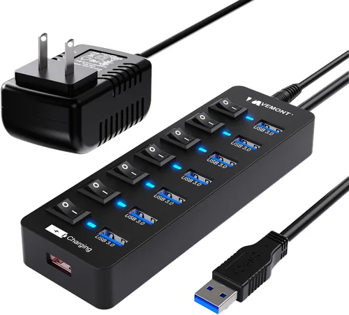 Vista 7 de Hub USB 3.0 alimentado, concentradores VEMONT de 7 puertos múltiples USB y 1 puerto de carga inteligente USB con fuente de alimentación de 5 V/3 A