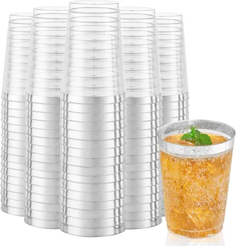 Vista 13 de I00000 Paquete de 100 unidades de vasos de plástico dorado de 12 onzas, vasos desechables con borde dorado, vasos de vino desechables y copas
