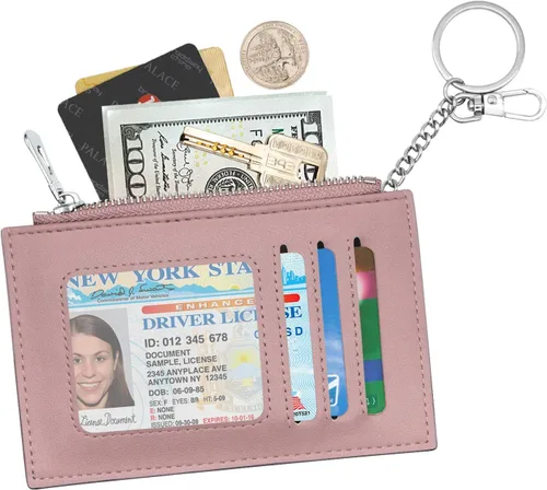 Vista 2 de Padike Portatarjetas de crédito delgado para mujer, mini bolsillo frontal, monedero, monedero, llavero (rosa bebé)