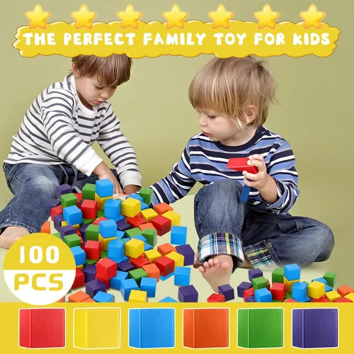 Vista 6 de Libima Juego de 100 bloques de construcción de madera de 1.2 pulgadas, juego de bloques de madera de arco iris, cubos cuadrados de madera coloridos