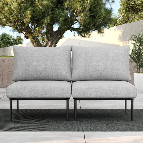 Vista 28 de LayinSun Juego de muebles de patio de aluminio de 7 piezas, sofá modular moderno con mesa auxiliar y cojín de grosor mejorado Gris claro