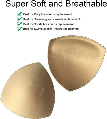 Vista 3 de 3 pares de almohadillas extraíbles para brasier triangular, insertos para bikinis, brasier deportivo, traje de baño para copas C D, color beige