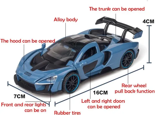 Vista 2 de Vehículo de juguete coleccionable de aleación azul McLaren Senna con retroceso automático, modelo de coche fundido a presión con luces y sonido