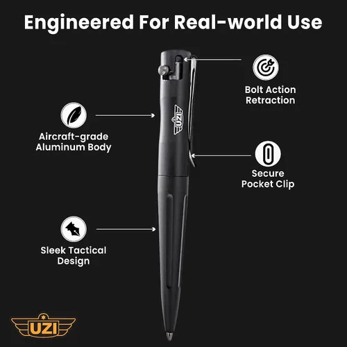 Vista 2 de UZI Bolígrafo táctico de acción de perno, ultra duradero de aluminio para aeronaves (UZI-Tacpen15-GM) para escribir bolígrafo táctico de metal