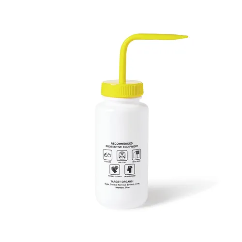 Vista 2 de United Scientific™ UniSafe™ Botella de lavado químico ventilada de LDPE de boca ancha de grado de laboratorio, hipoclorito de sodio, 16.9 fl oz