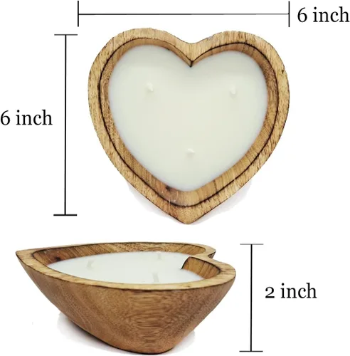 Vista 2 de Cuenco de madera con forma de corazón de 6 pulgadas, vela de cera de soja perfumada de vainilla y sándalo, 3 mechas de 5 onzas, cuencos de masa