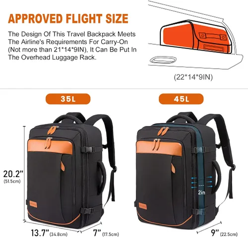 Vista 3 de LOVEVOOK Mochila de Mano, Mochila de Viaje Grande de 45L para Mujeres y Hombres Aprobada por Aerolíneas, Mochilas de Maleta Grandes Expandibles Con