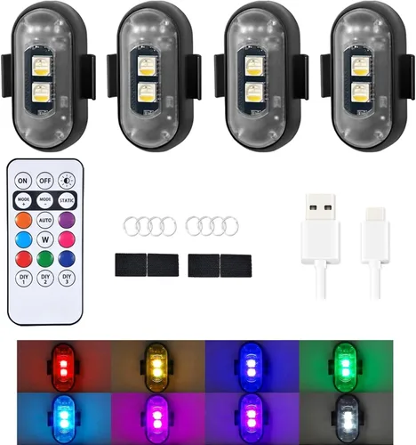 Vista 6 de Luces estroboscópicas inalámbricas con control remoto, motocicleta, coche, LED, 8 colores, anticolisión, carga USB, impermeables, luces