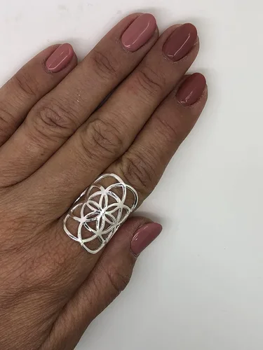 Vista 5 de Anillo clásico de plata de ley 925 geometría sagrada flor de la vida joyería de yoga