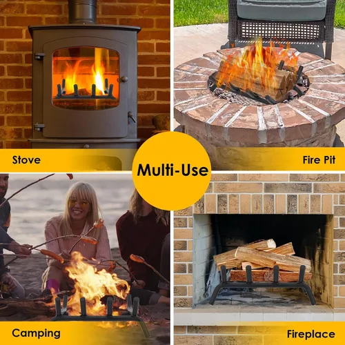 Vista 7 de Rejilla de chimenea de 14 pulgadas resistente – Soporte para troncos de chimenea Rejilla de hierro fundido Estante para estufa de leña Bandeja