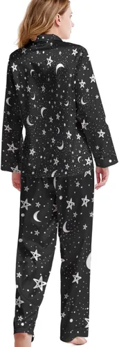 Vista 3 de ONDIAN Conjunto de pijama para mujer, ropa de dormir de manga larga con estrellas de luna y cielo nocturno estrellado