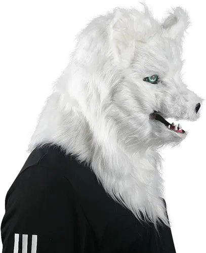 Vista 4 de Máscara de lobo de Halloween, máscara divertida de pelo blanco aterrador, mandíbula móvil realista Cabeza de animal de piel sintética de felpa