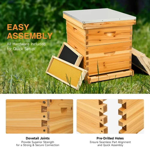 Vista 2 de CREWORKS Colmena de abejas de 10 marcos, kit de iniciación de colmena recubierta de cera de abeja de 2 capas con marcos y fundaciones, caja