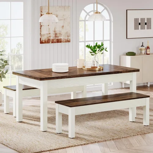 Vista 11 de Tribesigns Juego de Mesa de Cocina de Granja para 4-6, Mesa de Comedor de Madera de 55 Pulgadas con 2 Bancos, Juego de Comedor de 3 Piezas