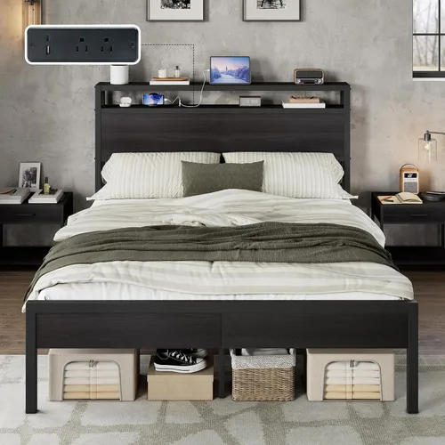 Vista 18 de AMERLIFE Base de cama tamaño Queen con cabecera de almacenamiento y estación de carga, cama de plataforma de metal industrial con gran Negro