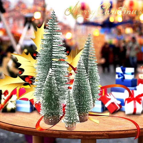 Vista 4 de 12 piezas de mini árboles artificiales de nieve de sisal de Navidad de pino en miniatura con base de madera, botella, cepillo, árboles de Navidad