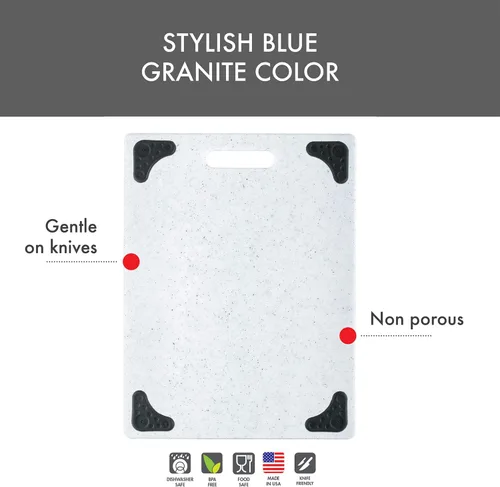 Vista 5 de Dexas Superboard Tabla de cortar con mango y pies antideslizantes, 11 x 14.5 pulgadas, color granito claro con esquinas antideslizantes negras