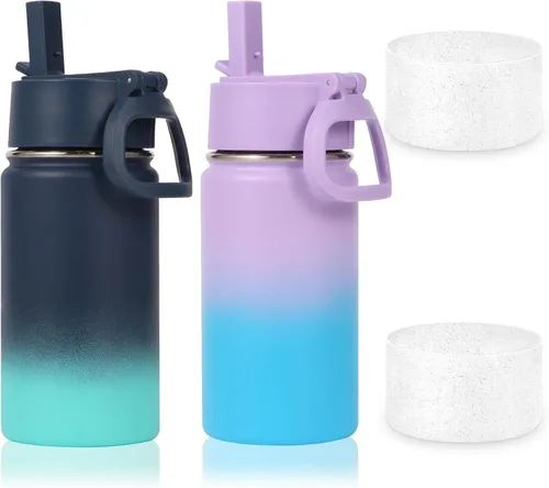 Vista 12 de Volhoply Botella de agua de acero inoxidable aislada de 14 onzas con tapa de pajita y funda de silicona, sin BPA, fácil de usar para niños y niñas