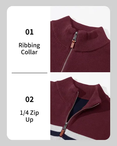 Vista 5 de MAGCOMSEN Suéteres de algodón con cremallera de 14 para hombre, suéter tipo polo, a rayas, para otoño e invierno, sudaderas cálidas
