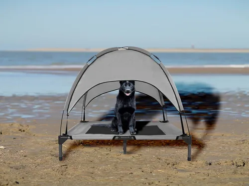 Vista 7 de Cama elevada para perros de 35 pulgadas con toldo extraíble, tamaño mediano, color gris Impermeable, transpirable, para camping, playa, patio