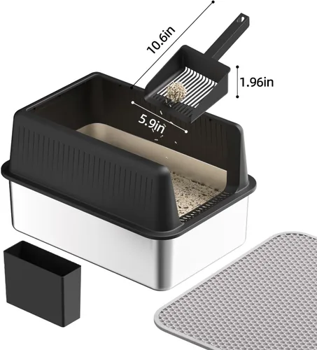 Vista 5 de Caja de arena de acero inoxidable para gatos con tapa, XL, 19.7 pulgadas de largo x 13.8 pulgadas de ancho x 11.8 pulgadas de alto, caja de arena