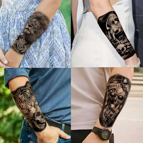 Vista 3 de 70 hojas de tatuajes temporales realistas en 3D de antebrazo, lobo, tigre, león, para hombres y mujeres, brazo del muslo, calavera aterradora