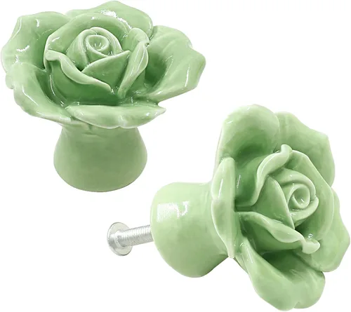 Vista 5 de Bonsicoky 2 tiradores de cajón de rosas verdes, pomos de cerámica para decoración de cajones, gabinetes, aparadores, armarios, puertas