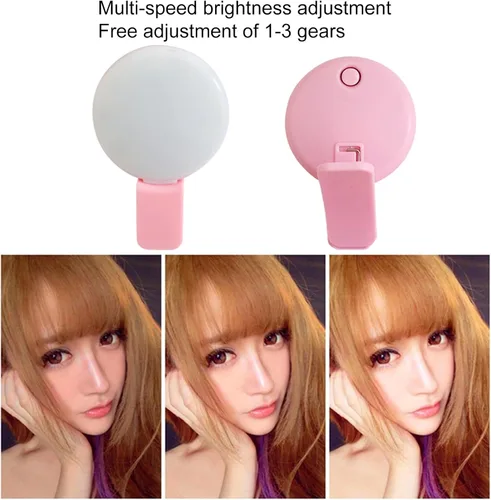 Vista 9 de Luz LED para selfie con clip, 3 niveles de luz ajustable, iluminación flash USB recargable para selfies, grabación de video, maquillaje rosa