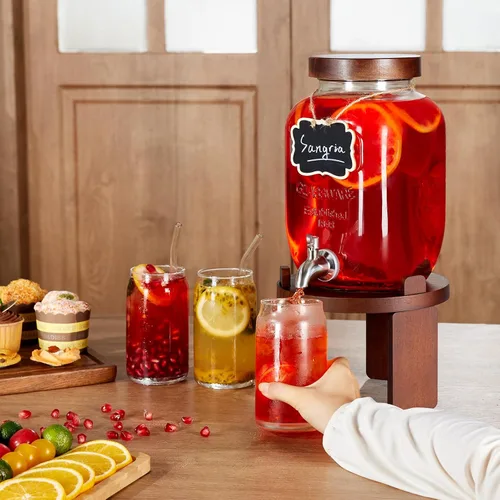 Vista 6 de Dispensador de 1 galón para bebidas en fiestas, dispensador de bebidas de vidrio con soporte, dispensador de agua con espiga de acero inoxidable